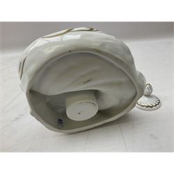 Late 20th century Von Schierholz Germany desk stand with ink well, and lidded oval box, both with encrusted flowers and gilding, with stamped marks beneath, desk stand L16cm