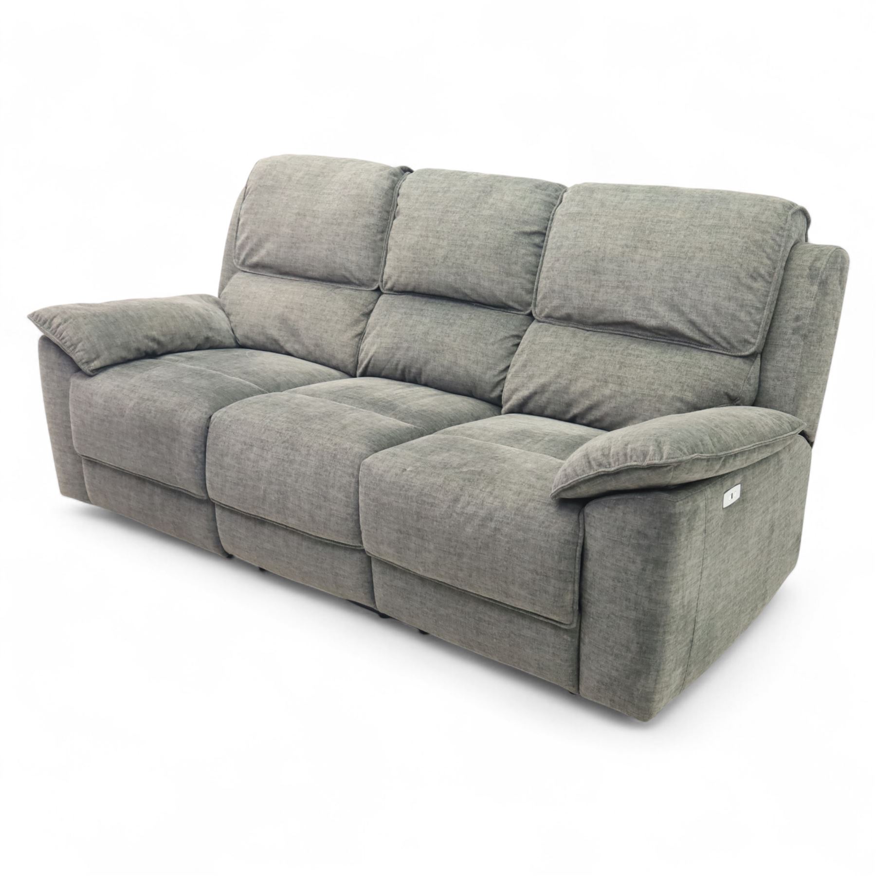Oak Furnitureland - charcoal fabric electric recliner suite, comprising three-seat sofa and two matching armchairs, each with power reclining mechanism and integrated USB-A charging socket, upholstered in soft charcoal grey fabric with pillow arms and split back cushions

Armchairs W 100, D 82, H 104cm
Sofa W 230cm, D 82cm, H 104cm