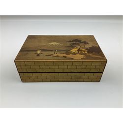 Japanese parquetry puzzle box L12cm; another Japanese puzzle box with marquetry top of Mount Fuji; eleven graduated Chinese figures including immortals; and Chinese figure of a lady standing on a hardwood base next to a horn table (14)
