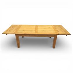 Modern light oak rectangular dining table, and eight high back chairs, stowable leaves extending to 270cm