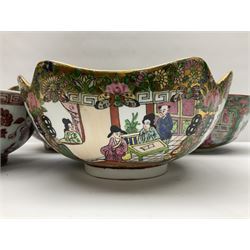 Three Chinese Famille Rose bowls, decorated in polychrome enamels with panels of birds amongst peonies and figural scenes, together with another bowl