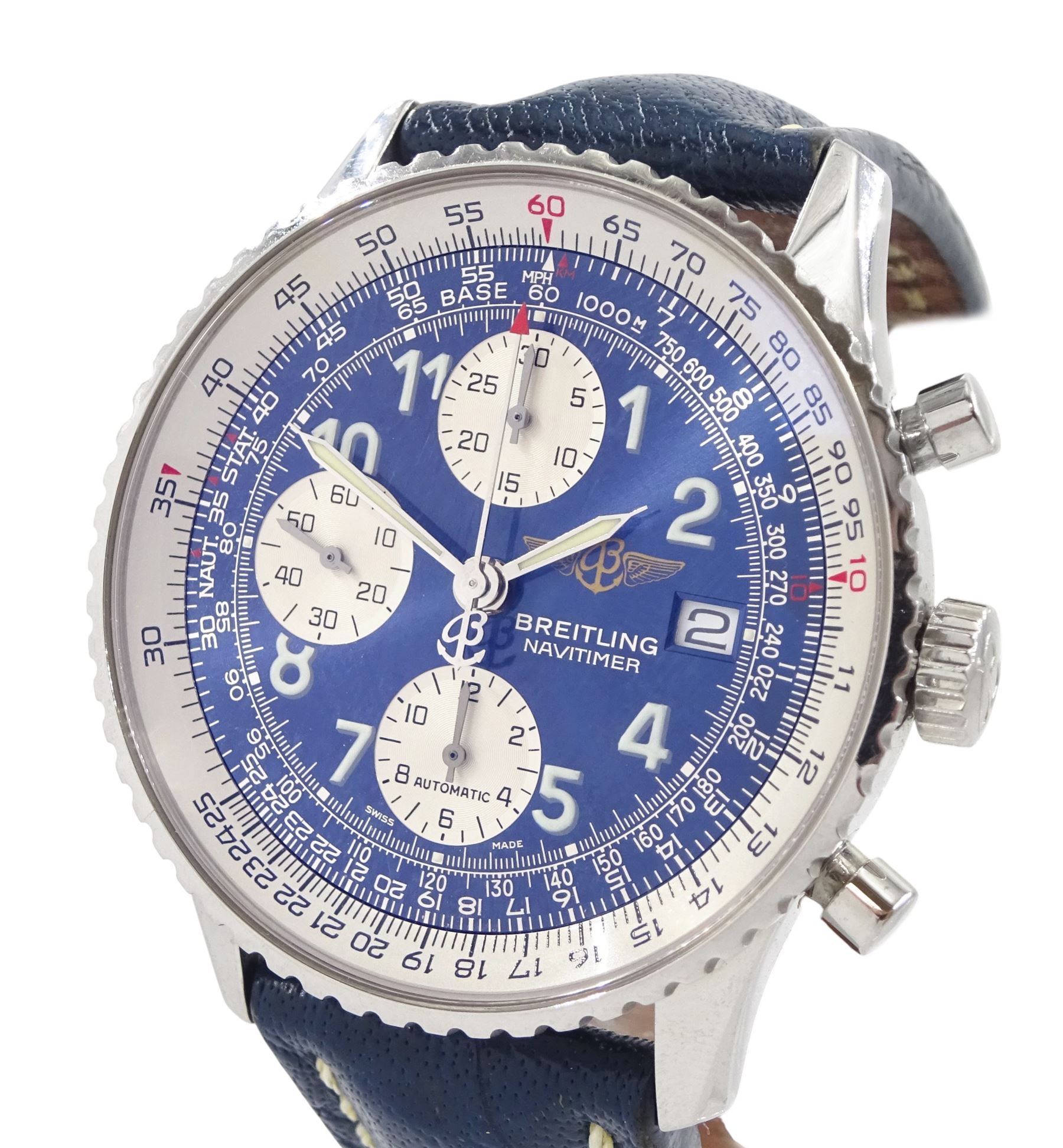 Breitling Old Navitimer gentleman's stainless steel automatic wristwatch, Ref. A13322 serial No. 517301, blue dial with date aperture,  silvered subsidiary dials at 6, 9 and 12 for seconds, 30 minute and 12 hour recording, bi-directional inner slide rule scale, on blue leather strap, boxed with papers and receipt dated 2002
