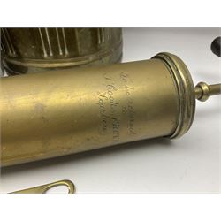 Victorian brass veterinary syringe, with wooden handle, inscribed 'to be returned to J.Cooke FRCV Scarboro' together with a brass jam pan, coal scuttle and spoon and four pewter tankards