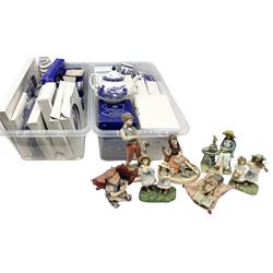 Large quantity of Ringtons blue and white Willow pattern ceramics, to include exclusive collectors examples, dinner plates, teapots, breakfast set, etc, predominantly boxed, four Capodimonte figures comprising example modelled as a girl reading with a puppy, boy giving a bone to a dog, boy reading on cushion and tramp boy sat cross legged with umbrella, together with three The Leonardo Collection figures comprising Midsummer Melody, Alfresco and Butterfly Catchers