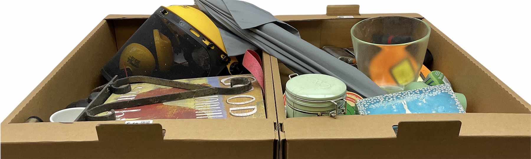Umbrella seat, mesh face guard, ear defenders, tins, small hip flask and other miscellaneous items, in two boxes