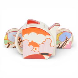 Wedgwood Bizarre by Clarice Cliff, Blue Autumn three piece Stamford teaset hand painted based upon an original, limited edition 42/250, with certificate and box