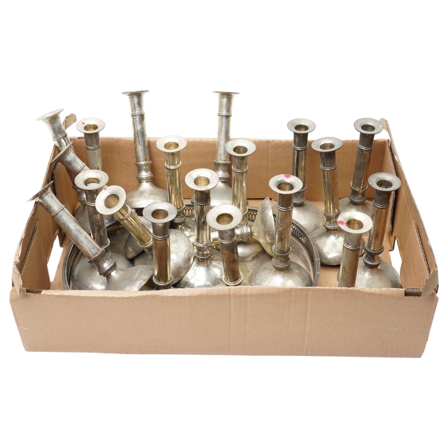 Set of twenty plated candlesticks H20cm and a plated tray