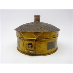  Early 19th century toleware spice box in the form of a thatched cottage, painted with doors, trellis windows, flowers and trees, textured thatched roof cover and turned wooden handle enclosing a central nutmeg grater and segmented compartments, D19cm   