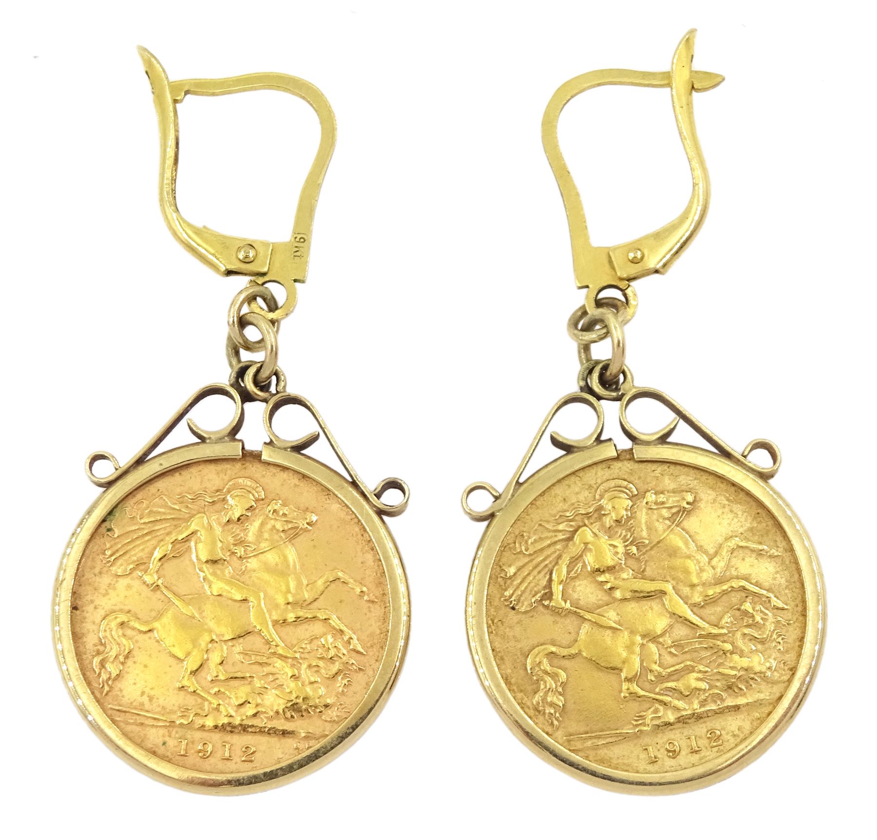 Pair of George V 1912 gold half sovereign coins, loose mounted in 9ct gold pendant earrings