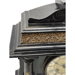  Victorian simulated black slate and marble Architectural cased mantel clock, single train movement, H43cm, W37cm, D19cm  