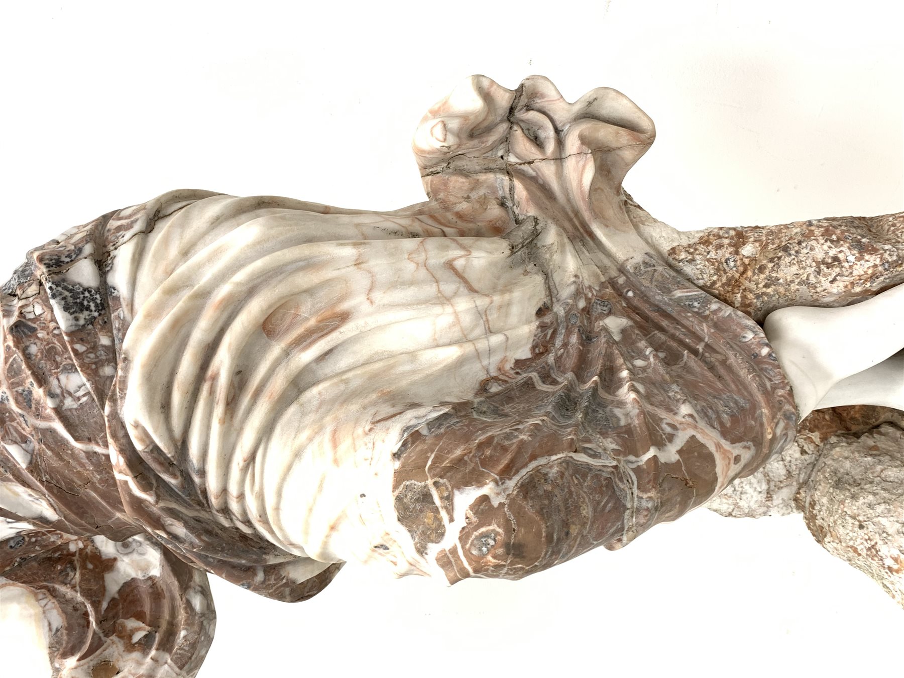 Victorian style rouge and white marble classical statue of woman dancing, on circular stepped moulded plinth base, H185cm