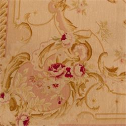 20th-century Aubusson-style tapestry wall hanging of square form, woven with a central floral medallion composed of delicate sprays in soft pinks, creams, and muted greens, framed by scrolling acanthus ornamentation and floral cartouches to each corner, all set within a pale ivory ground and enclosed by a terracotta toned border 
