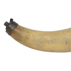 19th century 'scrimshaw' horn powder flask, the body incised and inked with naive figures, inscribed George Pobjoy
