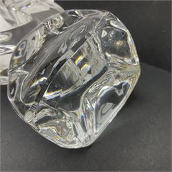 Daum glass two stemmed candle stick signed to verso, together with a pair of slag glass purple candle sticks, Daum H21cm