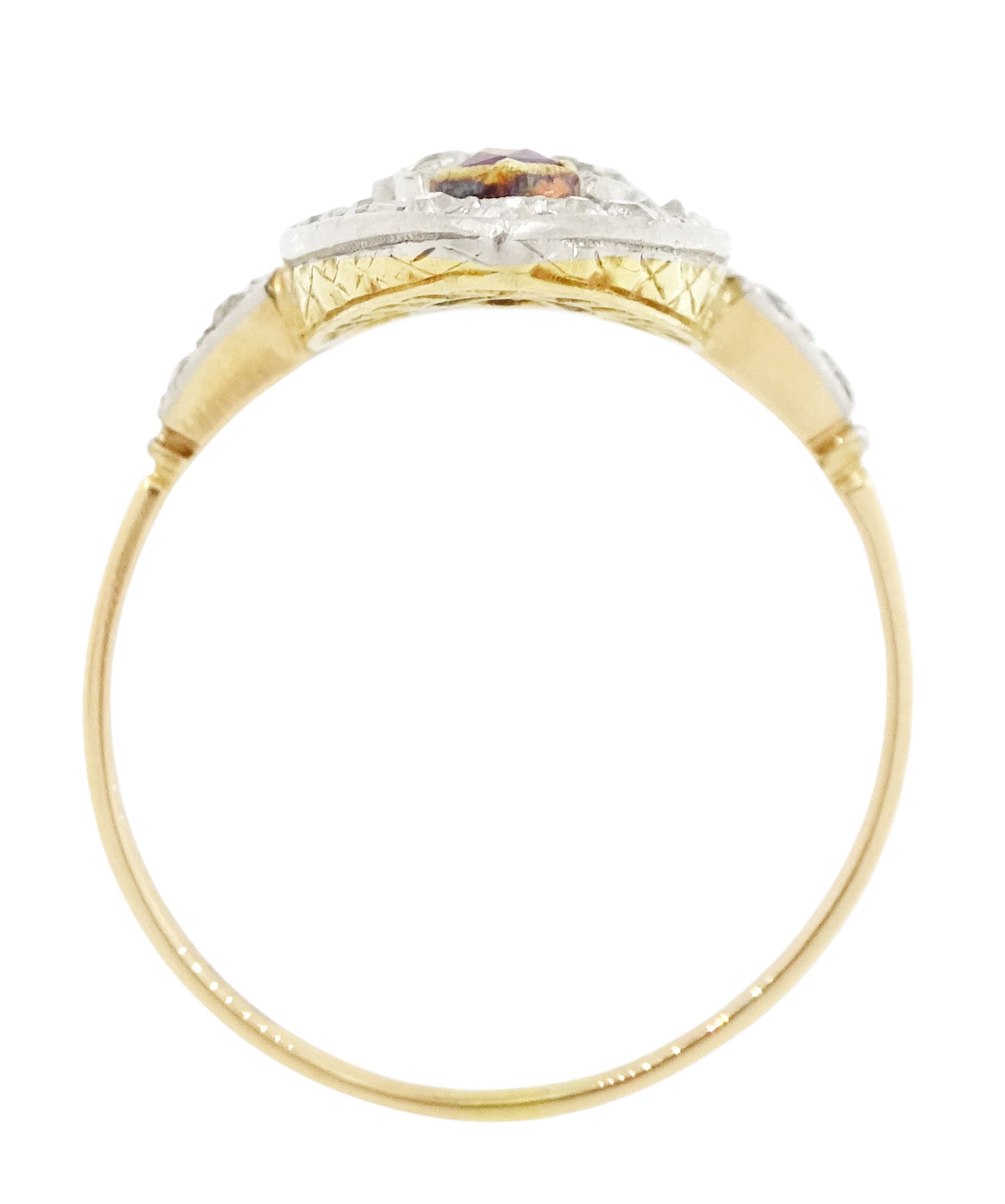 Early 20th century gold and platinum diamond, ruby and pearl marquise shaped ring, set with a single white pearl, within a fancy openwork old cut diamond and kite cut ruby surround, with diamond set shoulders, total diamond weight approx 0.50 carat