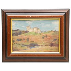 Crichton Miller (Scottish 20th century): Castle on the Hill, oil on board signed 24cm x 34cm