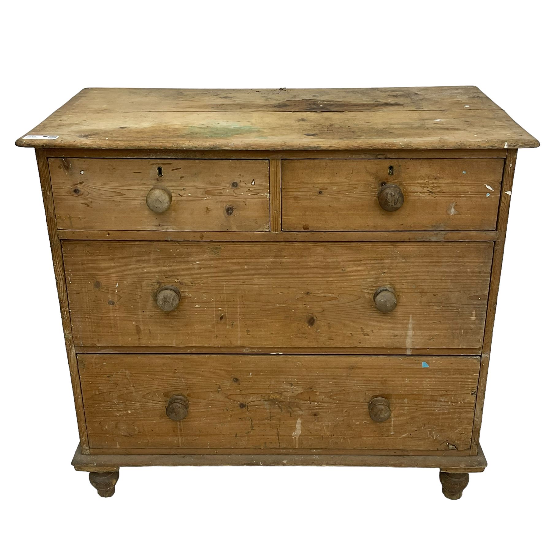 Victorian stripped pine chest, fitted with two short and two long drawers, on turned feet