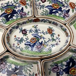 Booths Hors d'Oeuvres or supper set decorated in the Pompadour pattern, comprising seven dishes upon wooden tray L42.5cm, together with a bowl, D11.5cm, and six side plates, D19cm. 