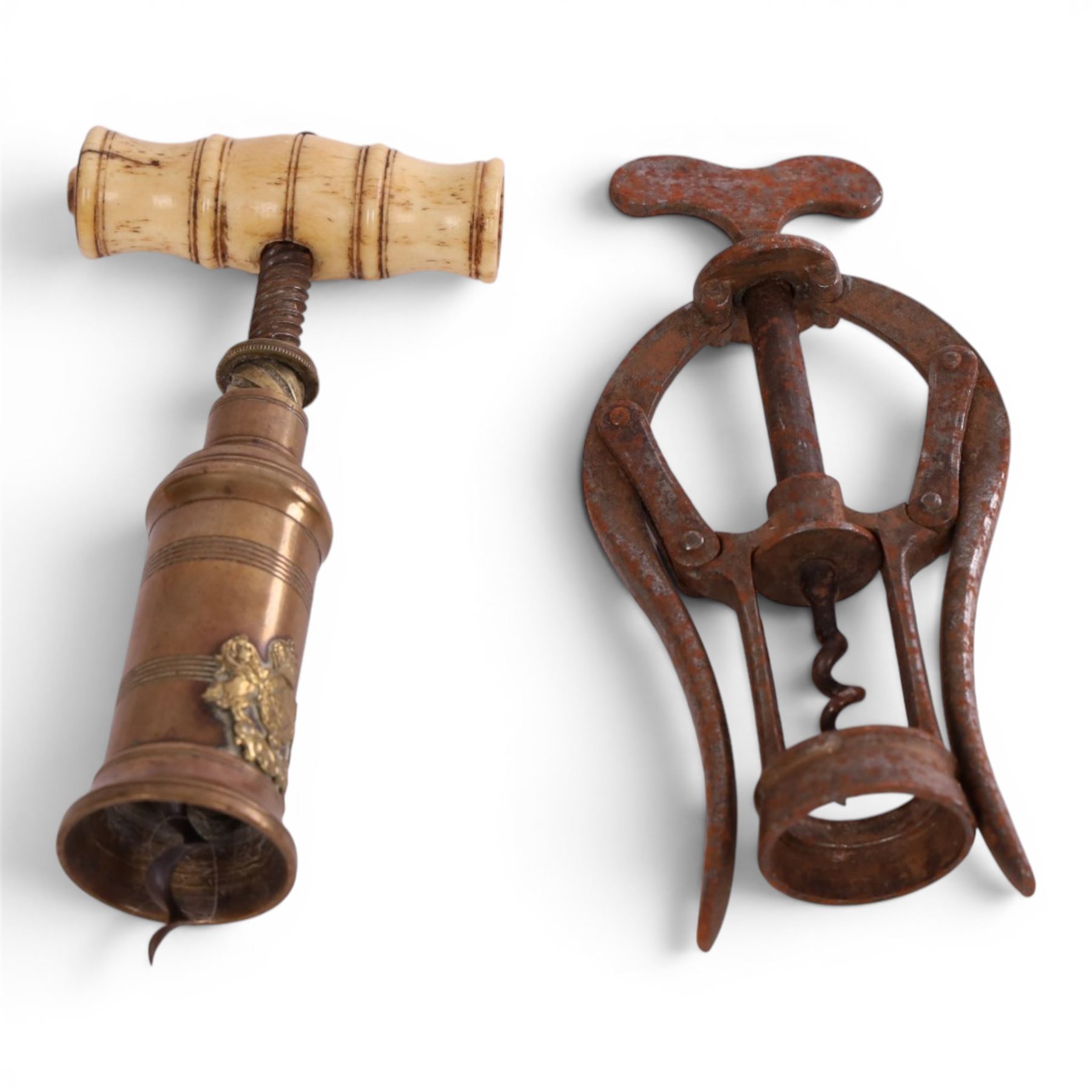 19th Century Thomason action twin helix design brass corkscrew with bone handle, together with James Heeley & Sons A1 Patent double lever corkscrew