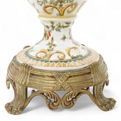 Wong Lee twin handled ceramic urn, with enamelled cherubs among animals and foliate decoration with bronzed metal mounts, upon a square base with paw feet, together with similar twin handled urn with enamelled floral decoration, marked to base, largest H48cm (2)