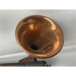 Fruitwood and elm single string phono fiddle with long neck and copper horn L76cm; and a violin bow (2)