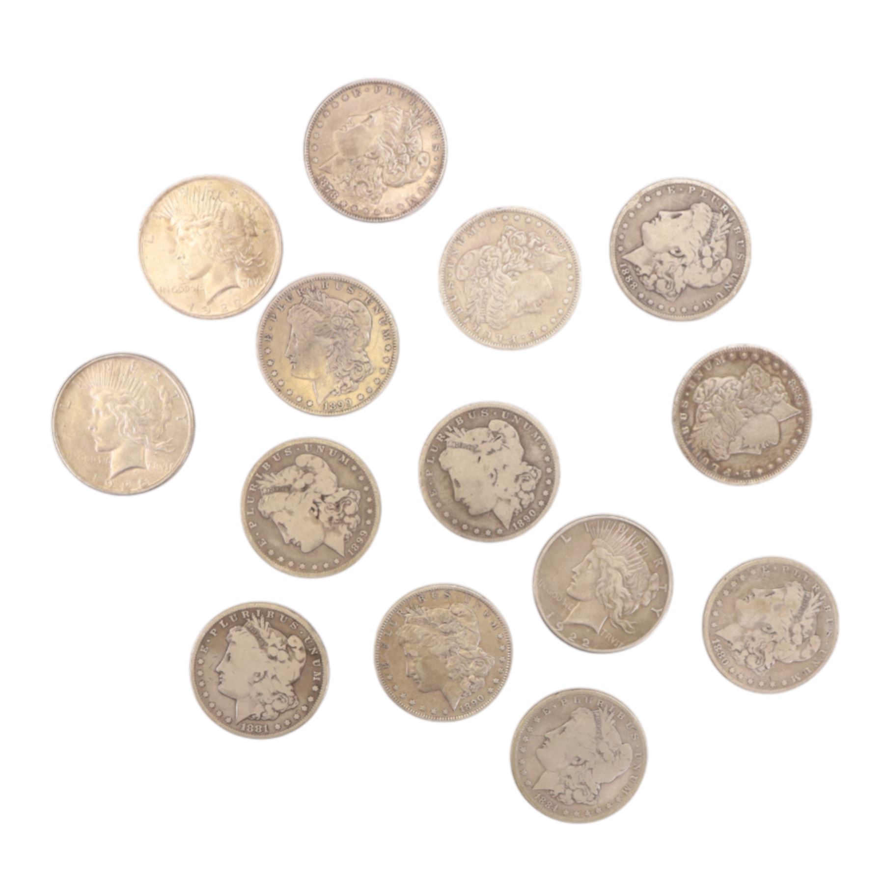Fourteen United States of America silver one dollar coins, comprising eleven 'Morgan' dollars 1878, 1880, 1881, 1884, 1888 (2), 1889, 1890 (2), and 1899 (2), and three 'Peace' dollars 1922 (2) and 1925