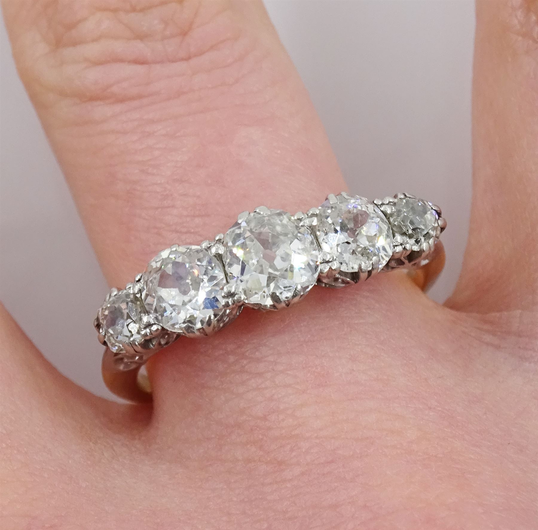 Early 20th century gold old cut five stone diamond ring by Charles Green & Sons, stamped CG&S 18ct, total diamond weight approx 1.50 carat