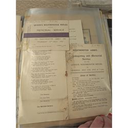 Collection of mostly Royal ephemera and commemorative memorabilia, including souvenir programmes, Royal Pedigrees, postcards, and newspaper reprints, etc, contained within a folder