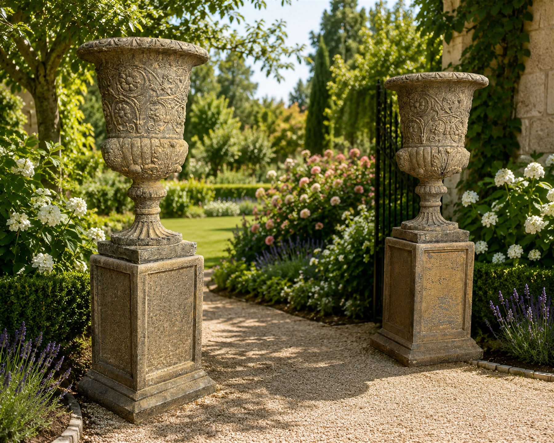 Pair of George III design antiqued composite stone garden urns of campana form, the egg-and-dart everted rim over a waisted body relief moulded with scrolling fruiting foliage and flowerheads, the gadrooned underbelly with twin mask ornaments, the knopped stems on fluted socles, raised on faux panelled square pedestal bases