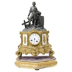 Late 19th/early 20th century French mantel clock in gilt metal case surmounted by a spelte...