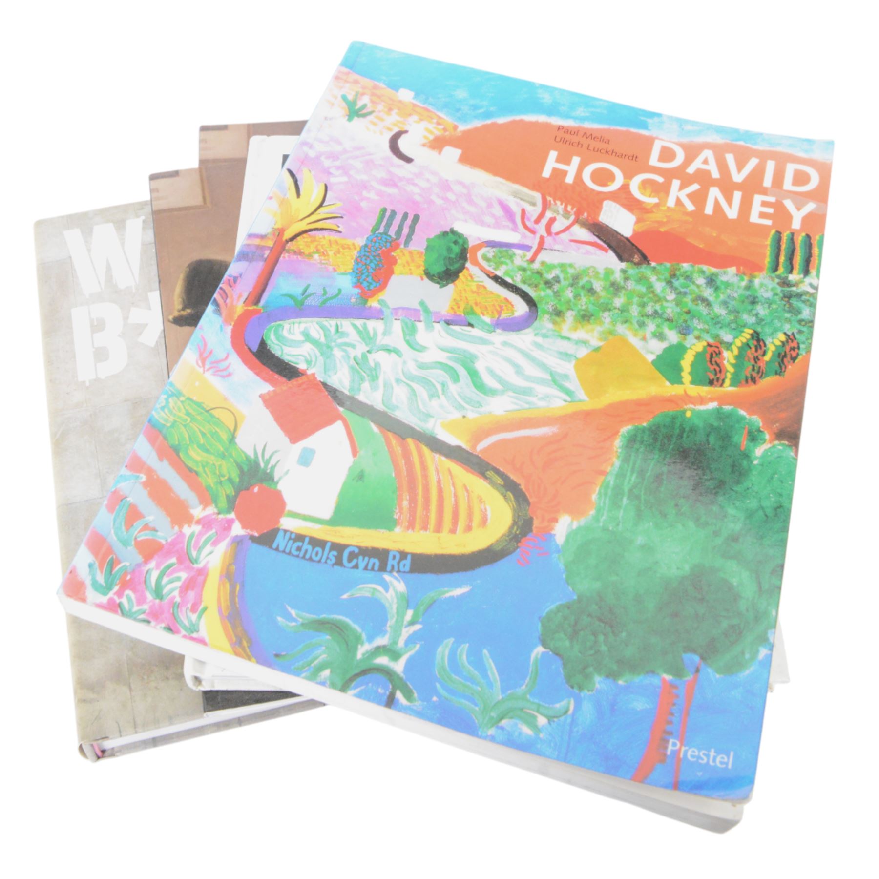 Three Royal Academy David Hockney posters, two David Hockney books and a collection of other art books including two Vetriano auction catalogues