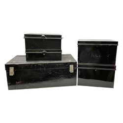 Five black metal deed boxes, all with twin handles, largest W76cm H30cm D43.5cm
