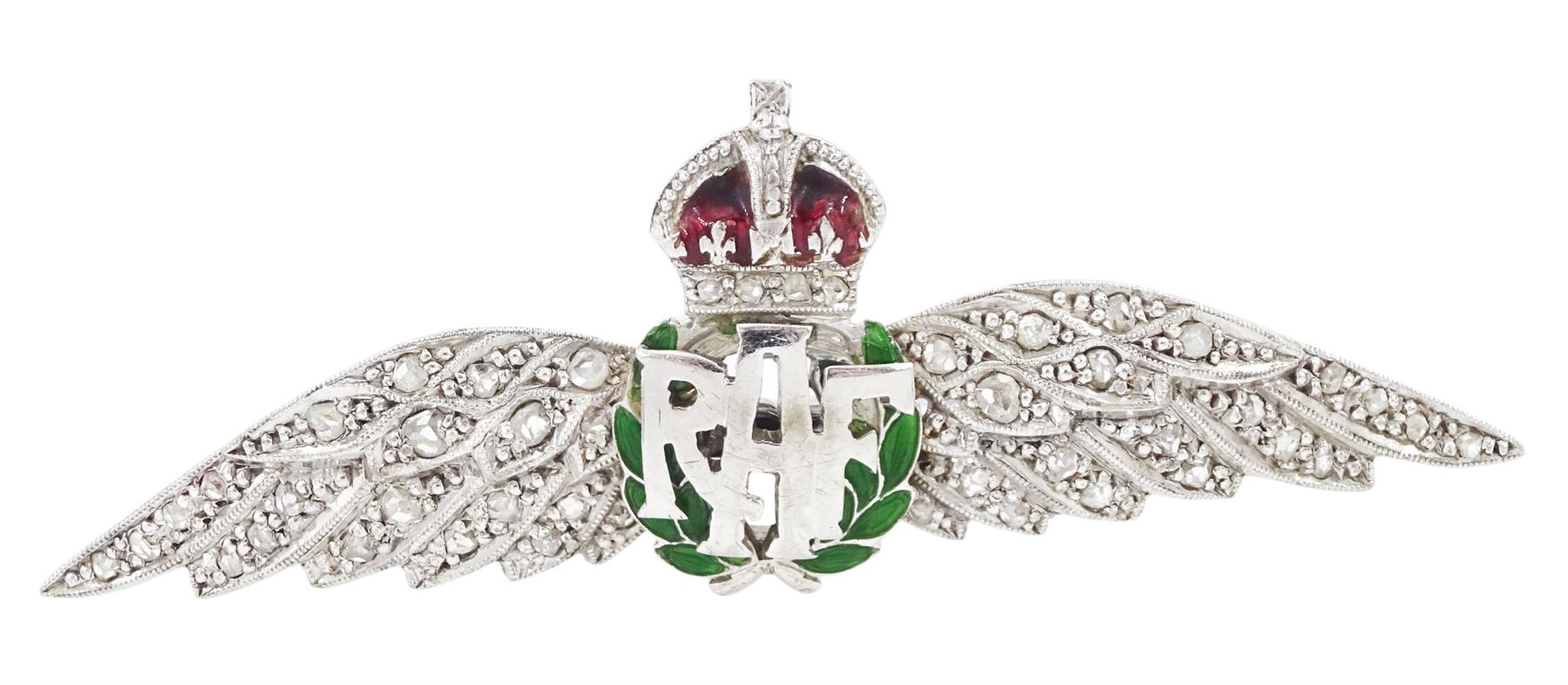 Early 20th century white gold, rose cut diamond and enamel RAF brooch, stamped 9ct