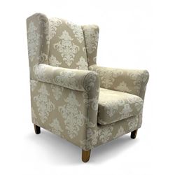 Chatsworth hardwood-framed armchair upholstered in cream  damask, with rolled arms and cus...