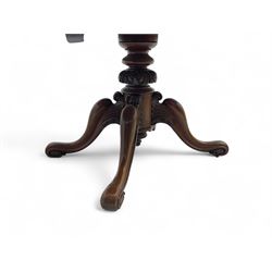 Victorian mahogany breakfast loo table, oval tilt-top on turned pedestal, quatrefoil out-splayed carved supports, scroll carved terminals with brass castors