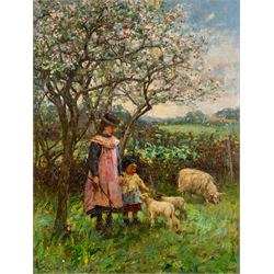Ernest Higgins Rigg (Staithes Group 1868-1947): The Artist's Daughters Petting Spring Lambs, oil on canvas signed 71cm x 54cm