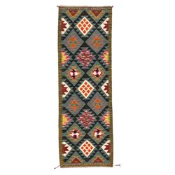 Afghan kilim teal ground runner rug, the field decorated with assorted lozenges with geome...