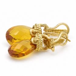 Pair of 18ct gold citrine pendant earrings, each stud with a rope twist half hoop, suspending a detachable briolette cut citrine, with twist mount, stamped 750