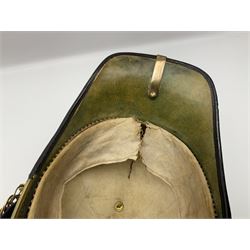 Post-1902 Welsh Regiment Officer's Home Service Blue Cloth Helmet with gilt metal King's crown helmet plate to the front, a removable spike to the top on a shaped cruciform base with rosette fittings, rosette side bosses, brass trim to the front peak, and leather and velvet backed chin scales, with sweat band, the interior with the remains of a makers label at the address 1,3 & 5 Lexington Street, Golden ? London W (presumably Hobson & Sons)