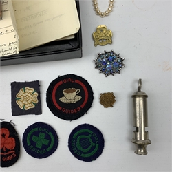 Gold three stone diamond chip ring, stamped 18ct plat, opal shard double bar brooch, RAF badge, A.R.P whistle and other miscellaneous items