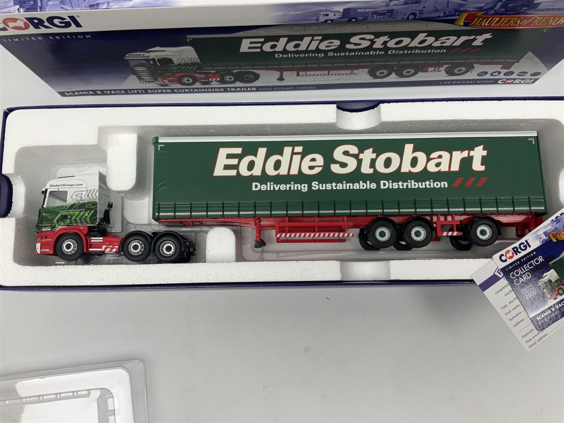 Corgi Eddie Stobart - two special edition Hauliers of Renown; CC13754 Scania R Facelift Box Step Frame Trailer and CC13756 Scania R (Rear Tag) Moving Floor Trailer; and limited edition Hauliers of Renown CC13747 Scania R (Face Lift) Super Curtainside Trailer; all boxed (3)