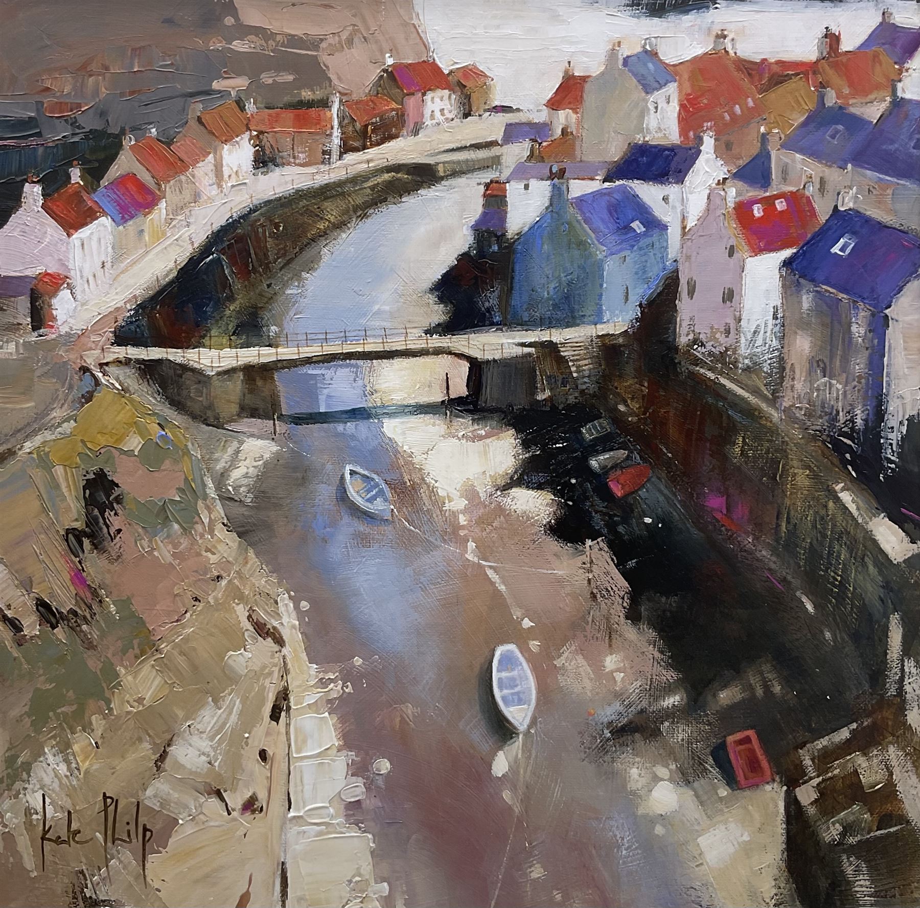 Kate Philp (Scottish 1973-): 'Staithes', acrylic on canvas signed, titled verso 39cm x 38cm