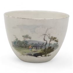 Set of four Pinxton porcelain bute shaped teacups and saucers, circa 1796-1813, pattern no. 218, painted in polychrome with landscape panels within gilt rims, possibly by John Cutts, three pieces numbered 218 beneath, saucer D14cm, teacup H6cm (8)