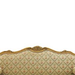 Louis XV design giltwood framed settee, the frame with applied foliate detail,  three loose seat cushions, upholstered in pineapple patterned fabric
