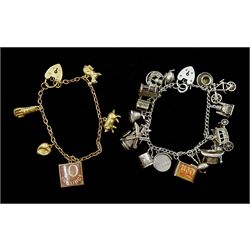 Gold link bracelet with five charms including money box, pig, rabbit, cat and heart, all 9ct stamped or hallmarked and a silver charm bracelet