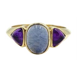 9ct gold oval moonstone and trillion cut amethyst three stone ring, hallmarked