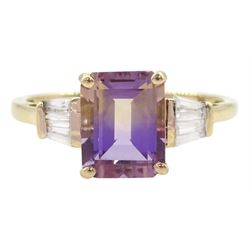 9ct gold emerald cut ametrine and tapered baguette cut white topaz ring, hallmarked