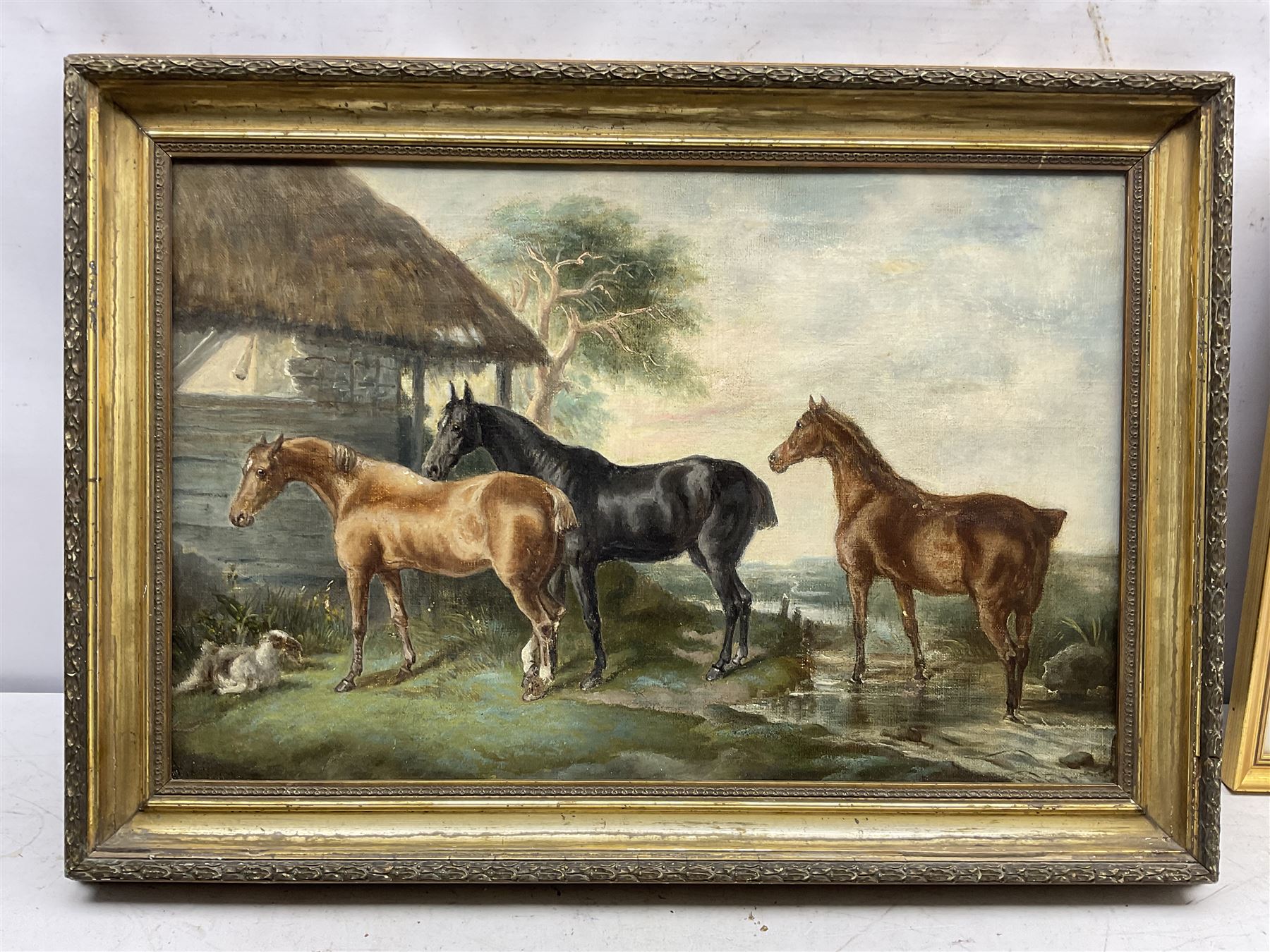 H J Jones (British 19th/20th century): Study of Three Hunters in Landscape, oil on canvas signed 38cm x 59cm