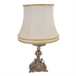 Silver plated table lamp, the fluted base with three mythical creatures and paw feet, H52cm