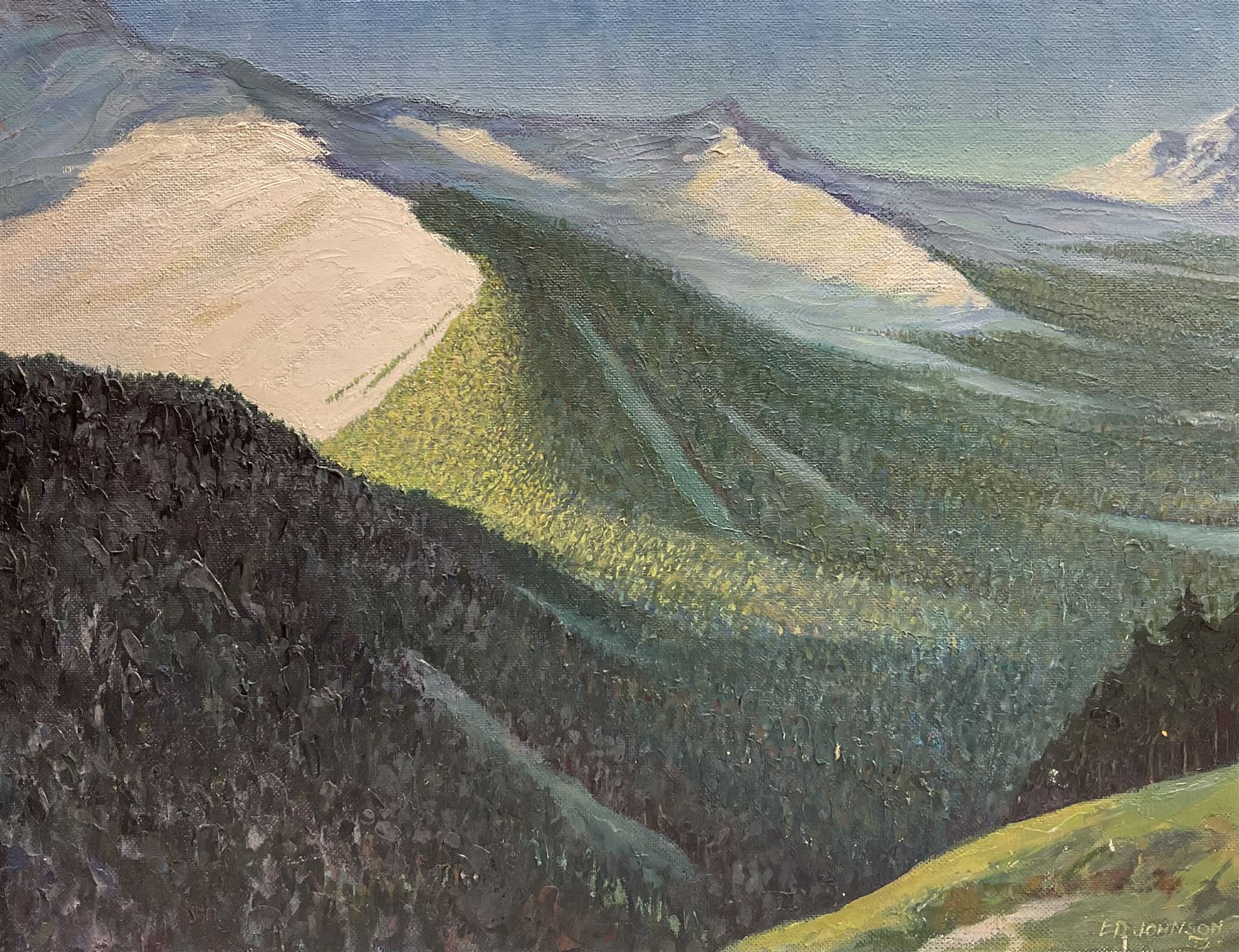 E D Johnson (British 1951-): 'Cumberland', set three oils on board signed, inscribed verso max 55cm x 72cm (3)